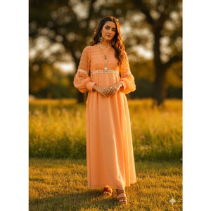 Vintage Chiffon Prairie Maxi Dress with Lace Trim